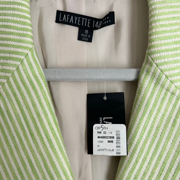 NWT Lafayette 148 Green Cotton Linen Seersucker Stripe Pleated Blazer Size 18 - Picture 2 of 4